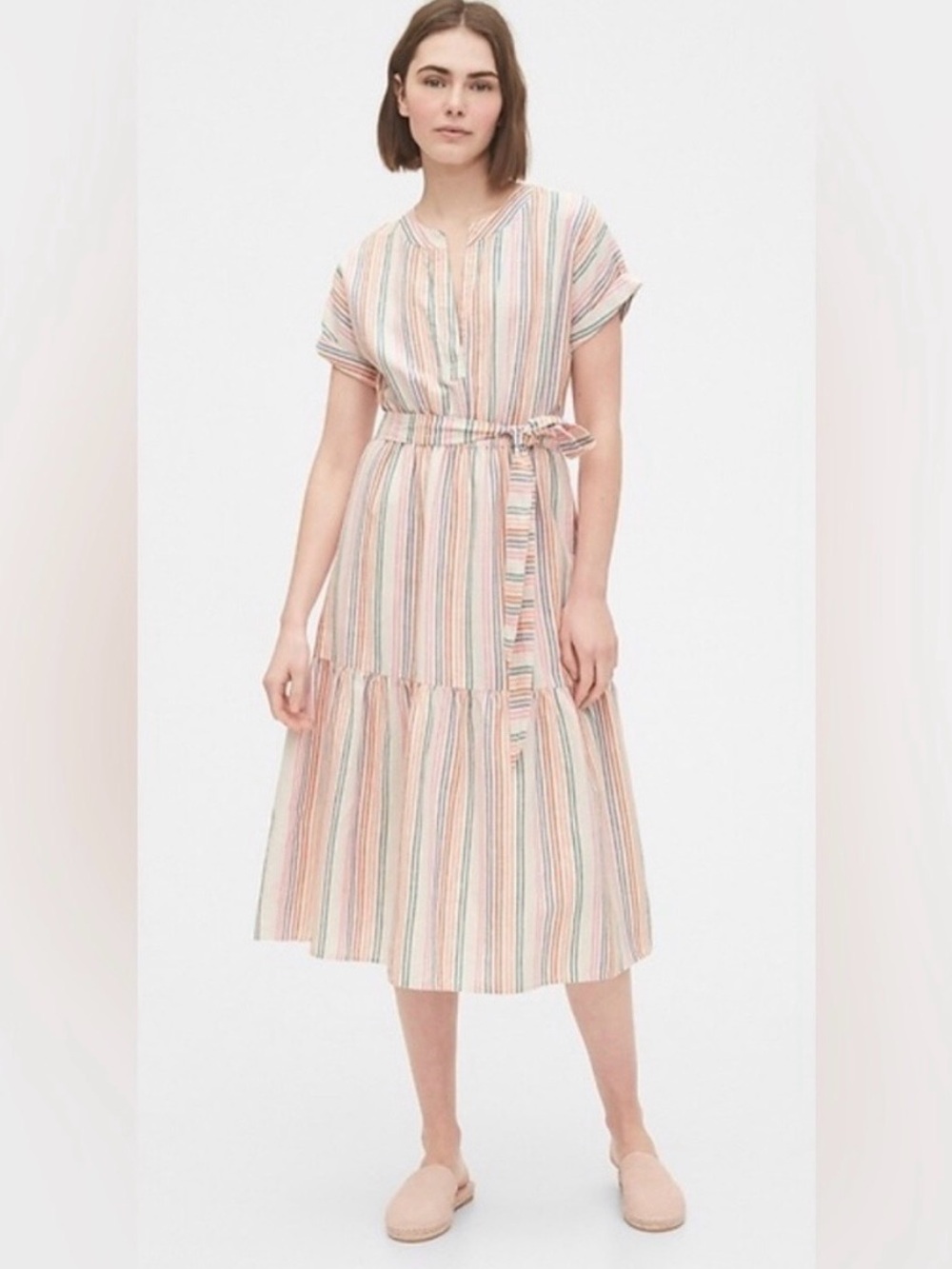 GAP Linen Cotton Multi - Striped Midi Dress Ruffle Hem Women's Size 10 Tall